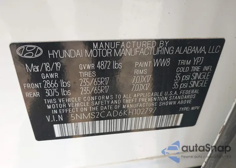 2019 Hyundai Santa Fe Se from USA, damaged, VIN 5NMS2CAD6KH102797